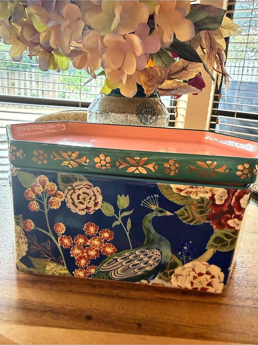 Anthropologie Lucca Ceramic Stacking Trinket/Jewelry Box Floral Peacock Motif Tr